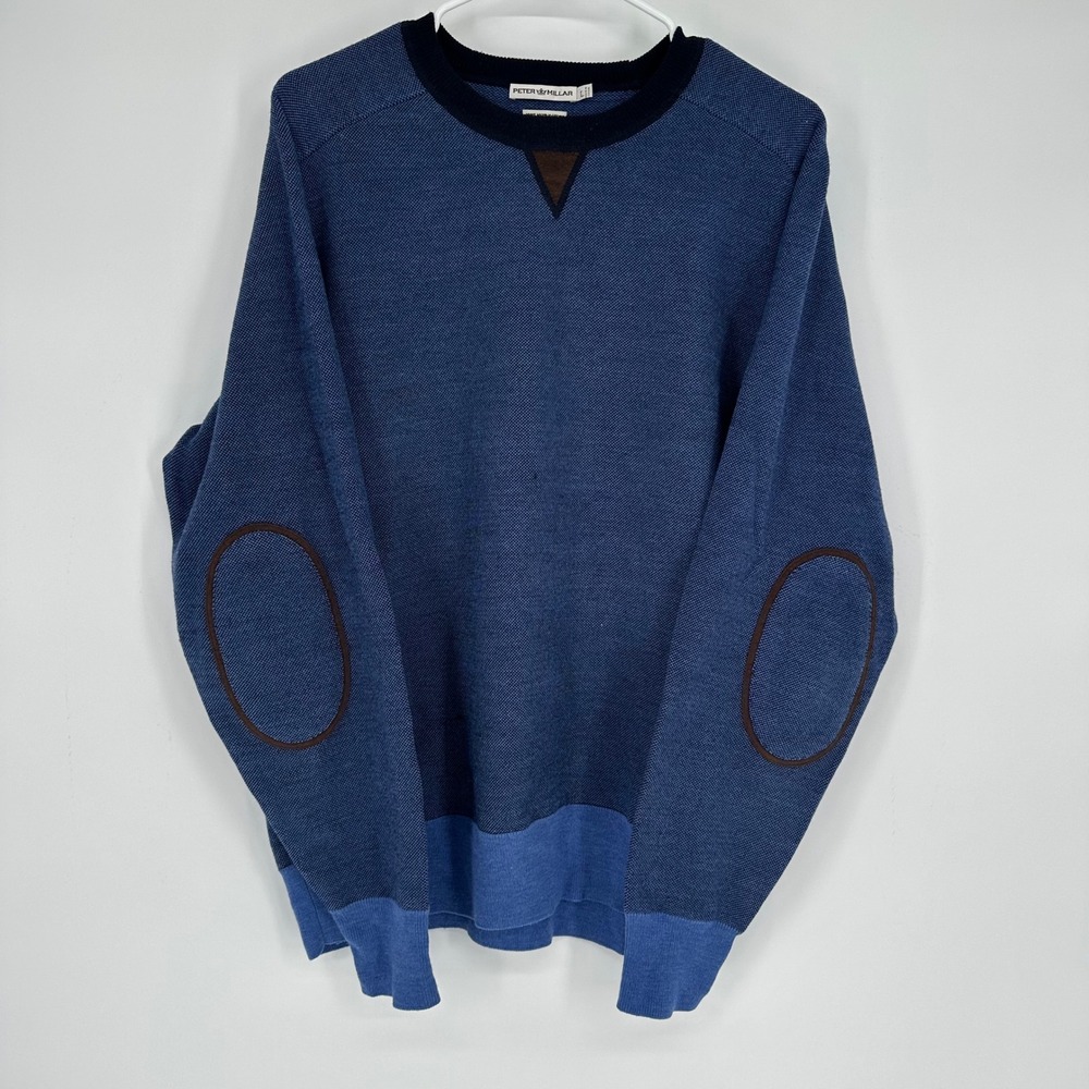 Peter Millar Mens Blue Merino Wool Elbow Patch Crewneck Sweater MF15S62 Large